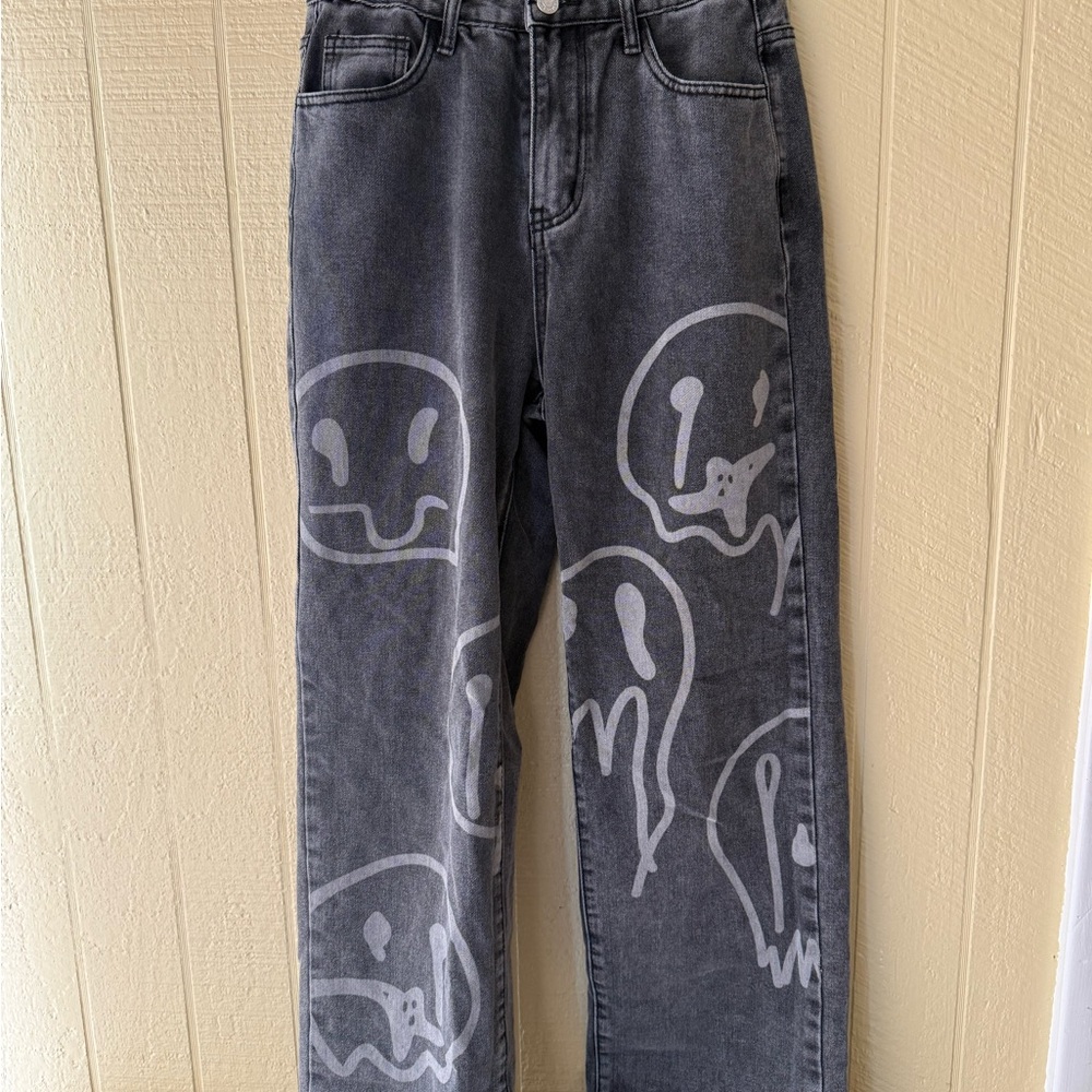 Forever 21 Gray Flare Wide Leg Jeans with Artistic Design